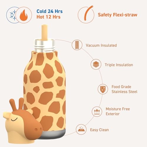 Asobu Kids Bestie Bottles Insulated Stainless Steel Water Bottle with Straw 16oz Brown Giraffe - Image 3