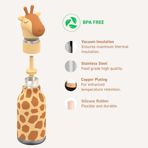 Asobu Kids Bestie Bottles Insulated Stainless Steel Water Bottle with Straw 16oz Brown Giraffe - Image 4