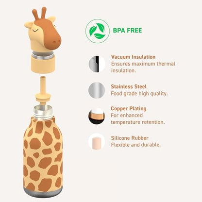 Asobu Kids Bestie Bottles Insulated Stainless Steel Water Bottle with Straw 16oz Brown Giraffe - Image 4
