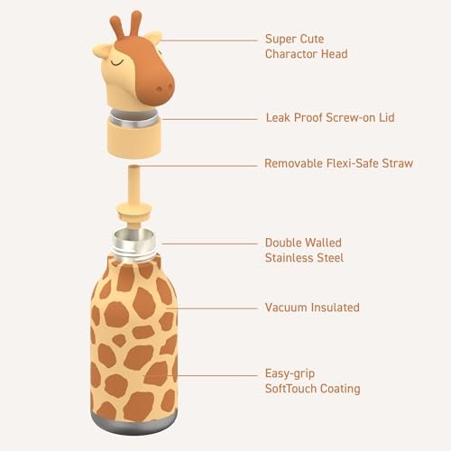 Asobu Kids Bestie Bottles Insulated Stainless Steel Water Bottle with Straw 16oz Brown Giraffe - Image 5