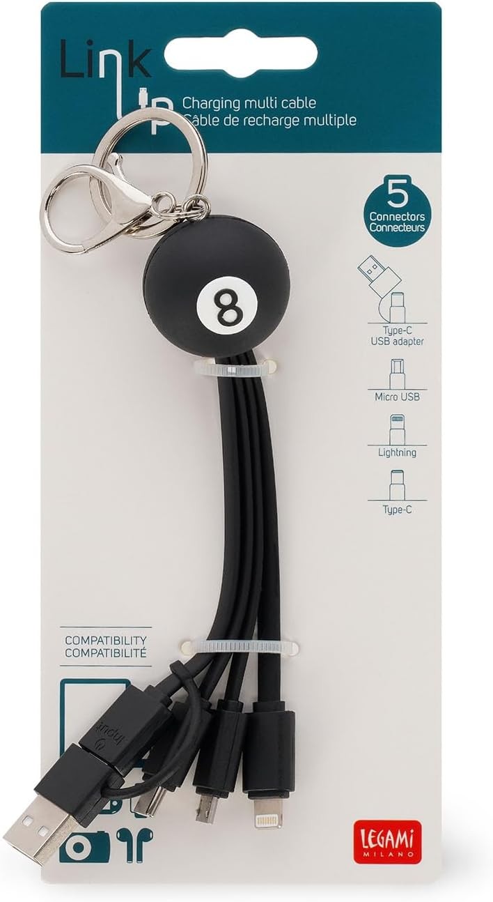 Multiple Link up Charging Cable - Theme 8 Ball with Keychain  - Image 3