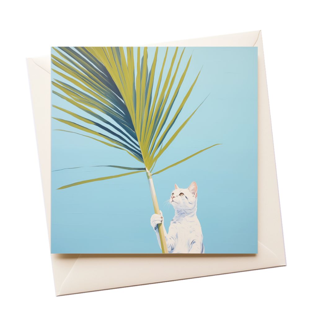 Modern Art Painting White Cat Palm Greeting Card