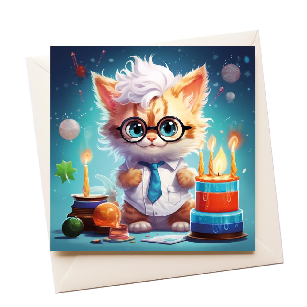 Graphic Art Cat Scientist Birthday Greeting Card