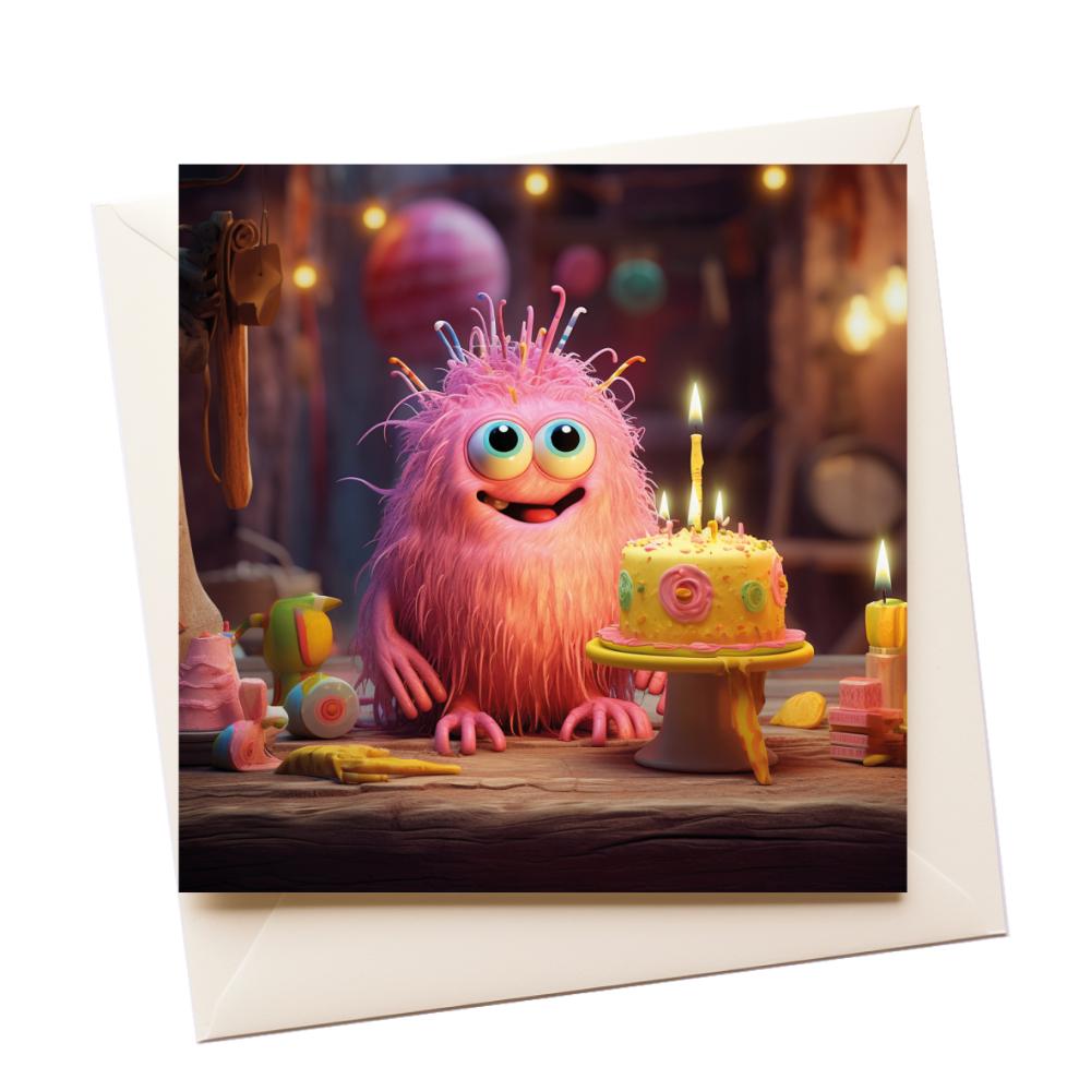 3D Pink Monster Birthday Greeting Card