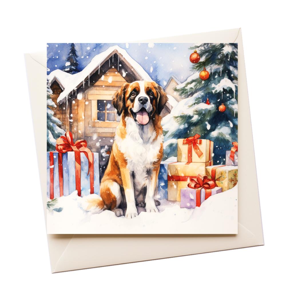 Christmas Watercolour St. Bernard Dog Greeting Card