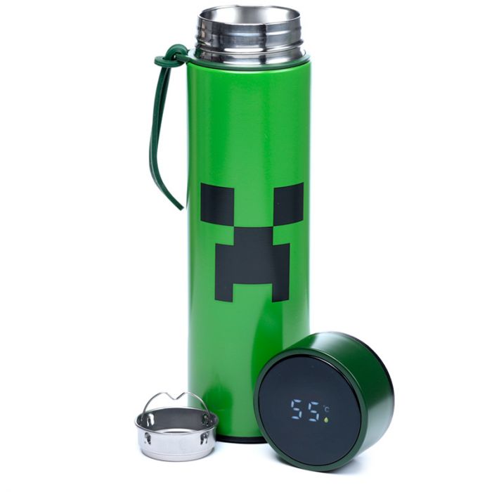 Puckator - Travel Bottle  | Minecraft | Creeper Hot & Cold Digital Thermometer Bottle | 450 ml