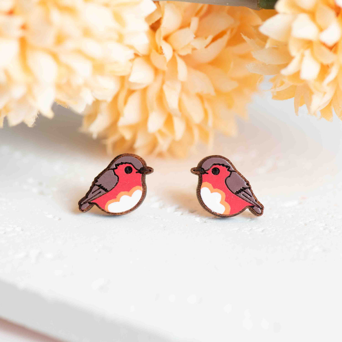 Robin Valley Robin Bird Stud Earrings - Wooden Jewellery Gift