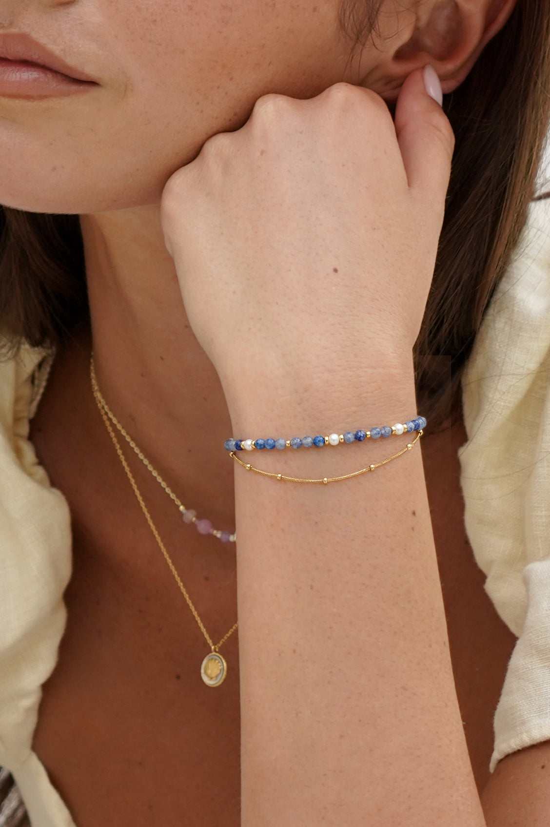 Estella Bartlett Pearl and Blue Aventurine Duo Bracelet - Gold Plated - image 2