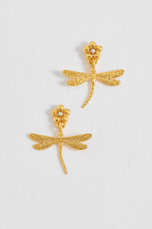 Estella Bartlett Gold Plated Flower and Dragonfly Drop Earrings