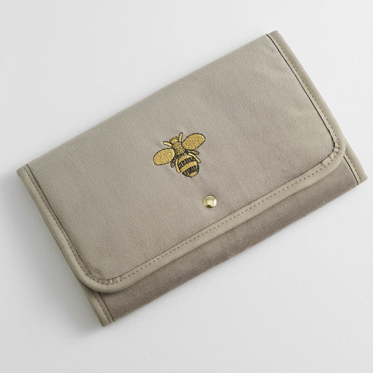 Estella Bartlett - Jewellery Pouch | Embroidered Bee Folding Jewellery Pouch | Taupe Velvet