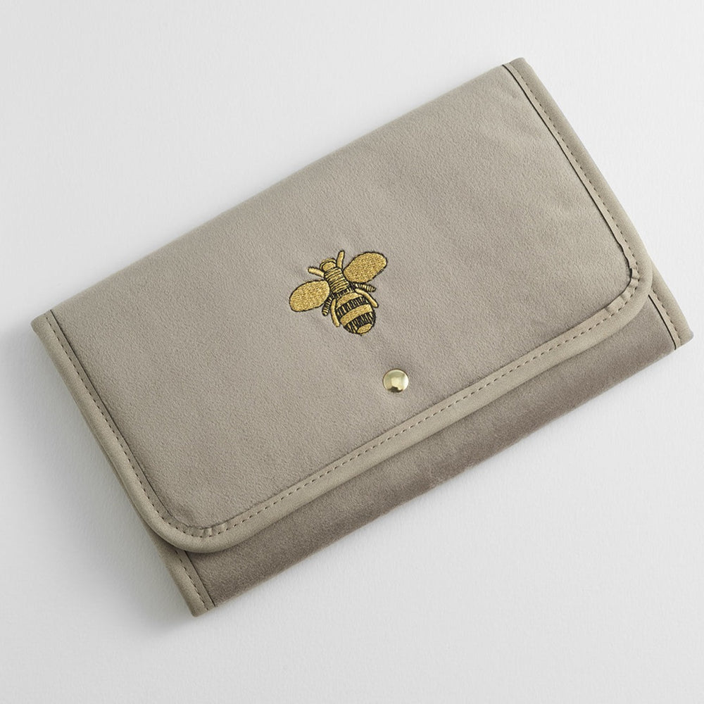 
            
                Load image into Gallery viewer, Estella Bartlett - Jewellery Pouch | Embroidered Bee Folding Jewellery Pouch | Taupe Velvet
            
        