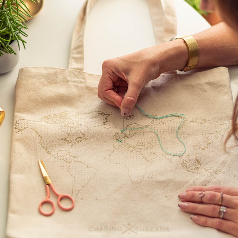 Chasing Threads - Tote Bag | Stitch Tote Bag | Natural Canvas Handles