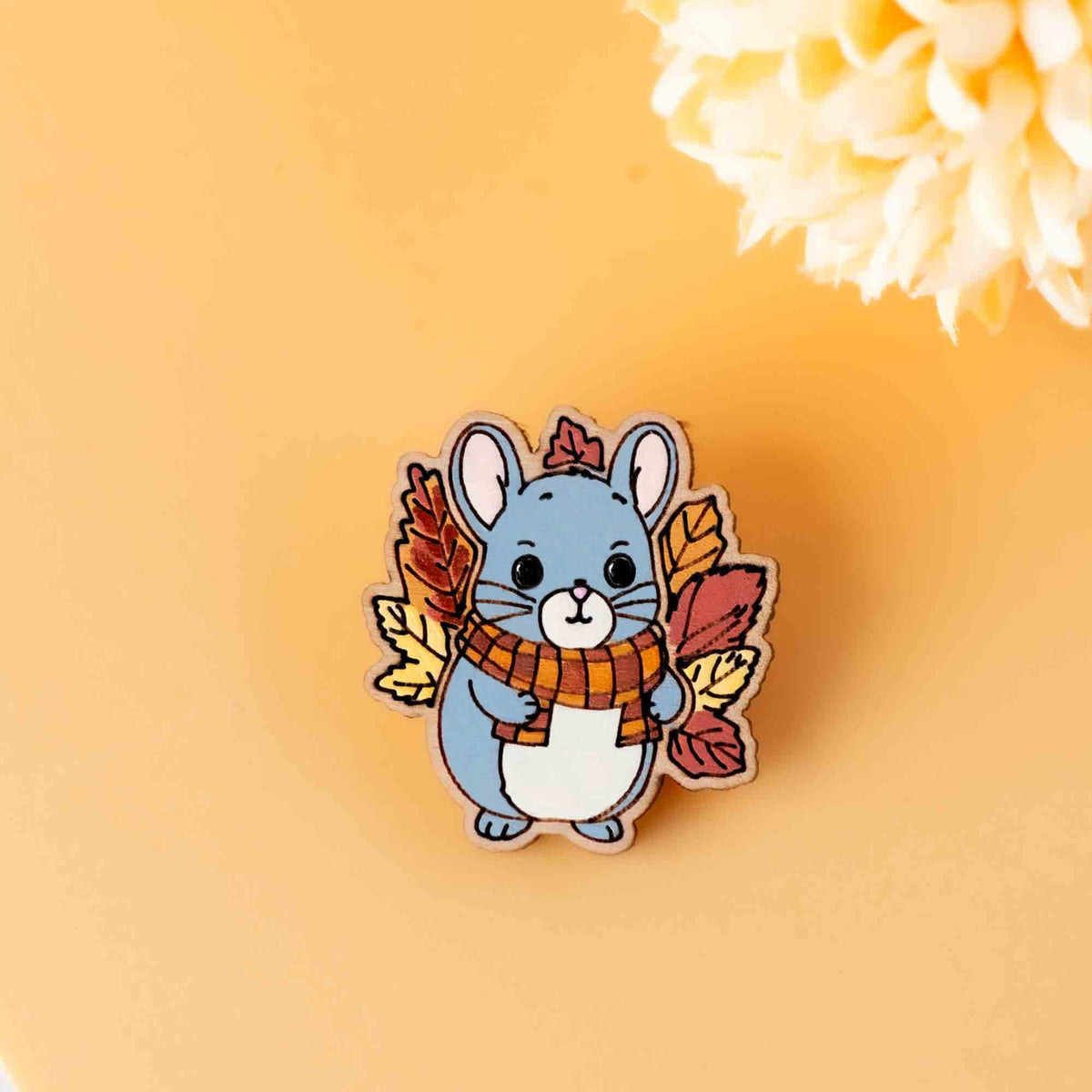 Robin Valley Chinchilla with Autumn Leaves Pin Badge - Wooden Badge Gift