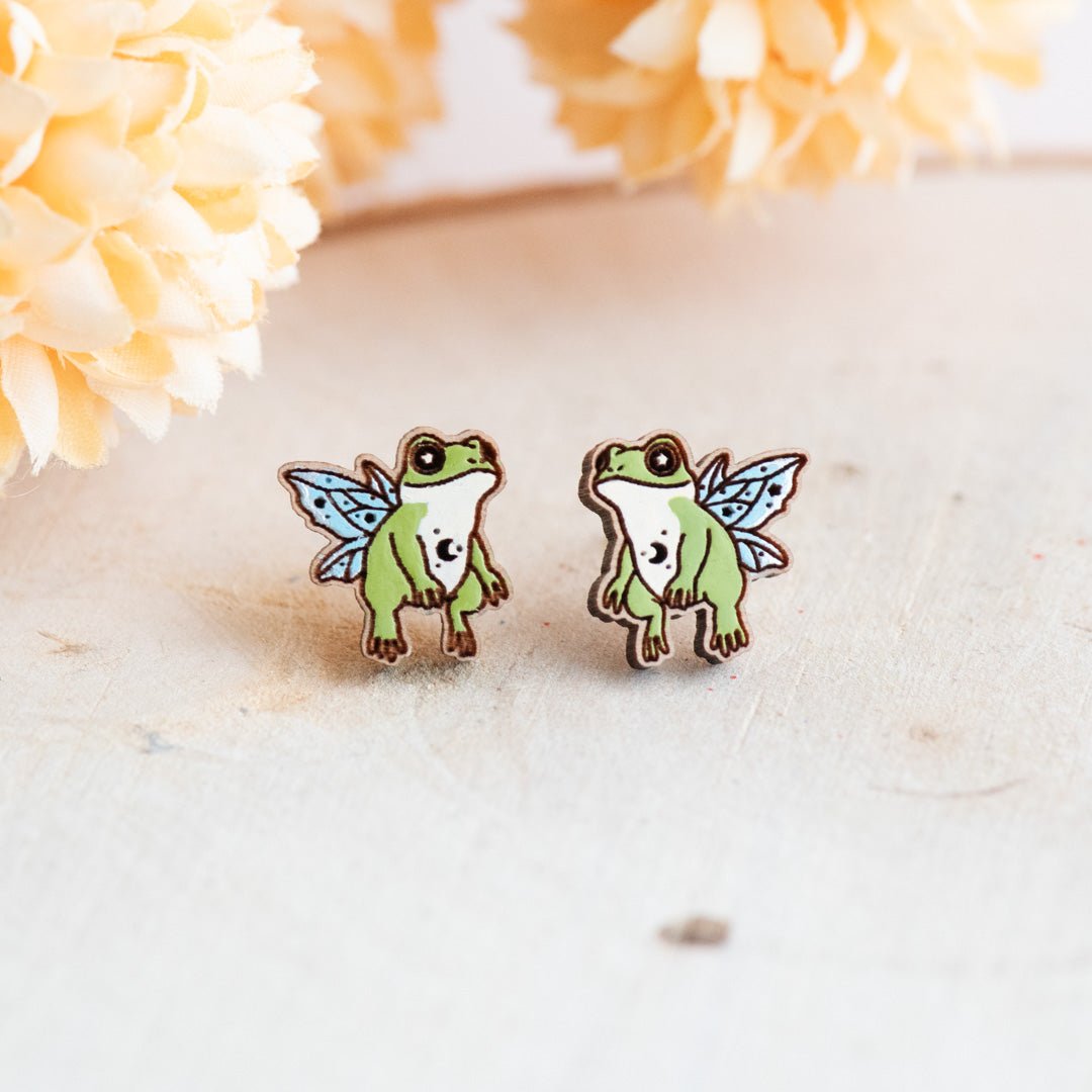 Robin Valley Fairy Frog Stud Earrings - Wooden Jewellery Gift