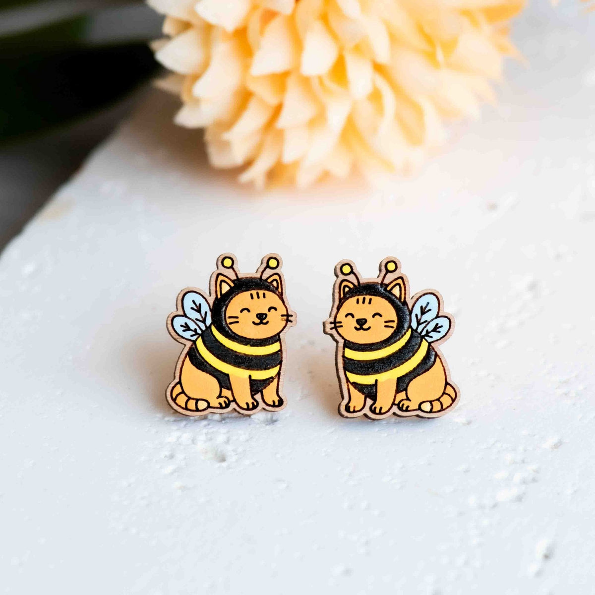 Robin Valley Cat in Bee Costume Stud Earrings - Wooden Jewellery Gift