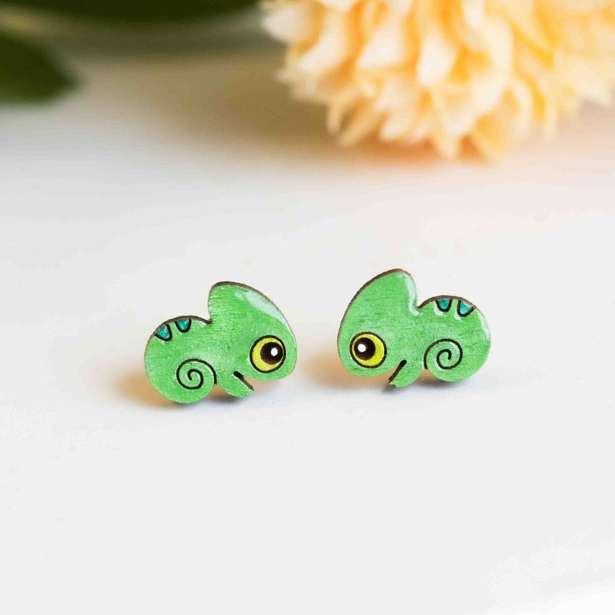 Robin Valley Green Chameleon Stud Earrings - Wooden Jewellery Gift