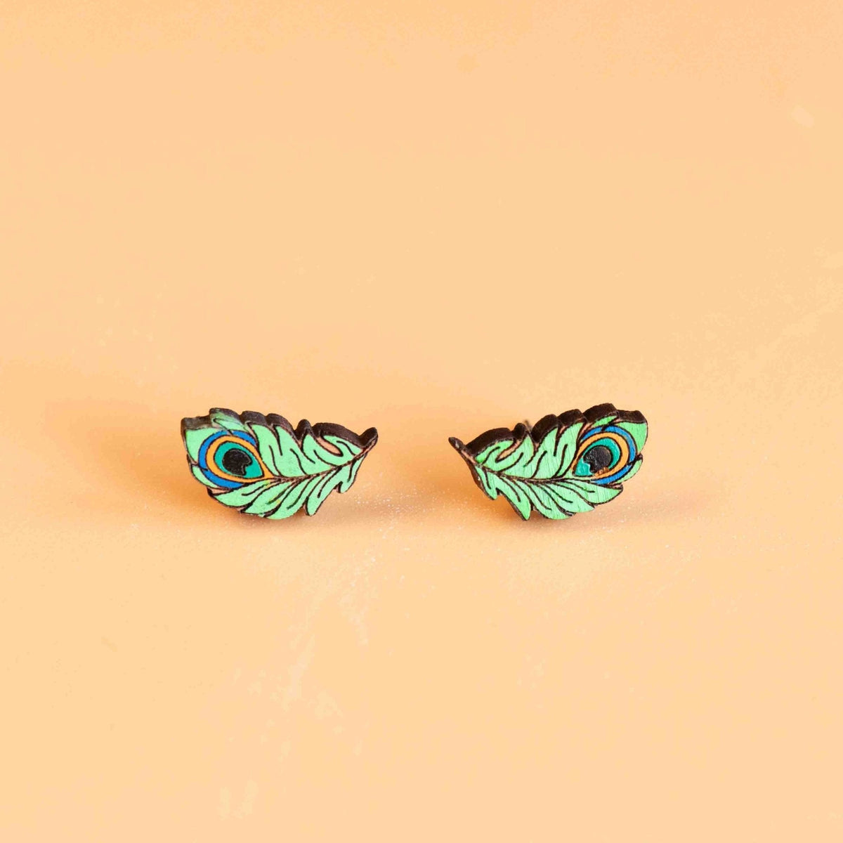 Robin Valley Peacock Feather Stud Earrings - Wooden Jewellery Gift