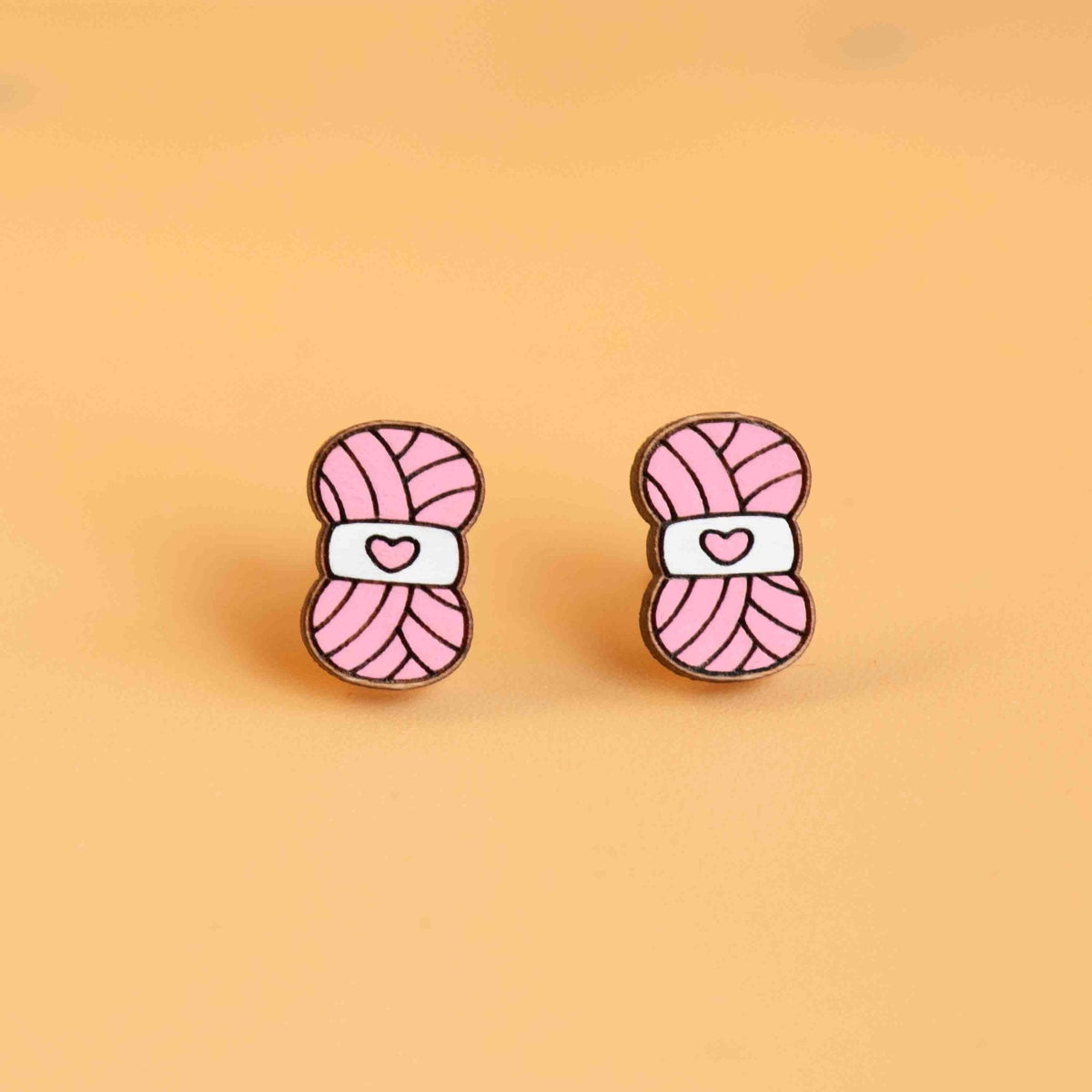 Robin Valley Pink Heart Yarn Stud Earrings - Wooden Jewellery Gift