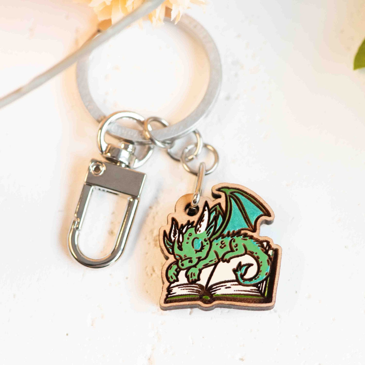 Robin Valley Sleeping Dragon on Book Keyring - Wooden Keyring Gift