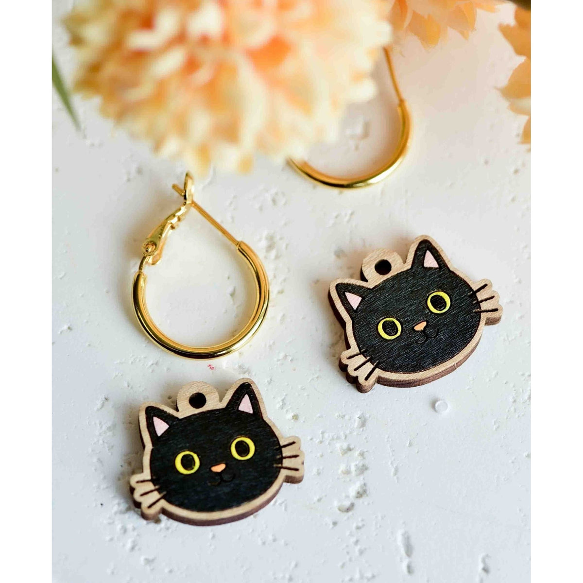 Robin Valley Black Cat Hoop Earrings - Wooden Jewellery Gift