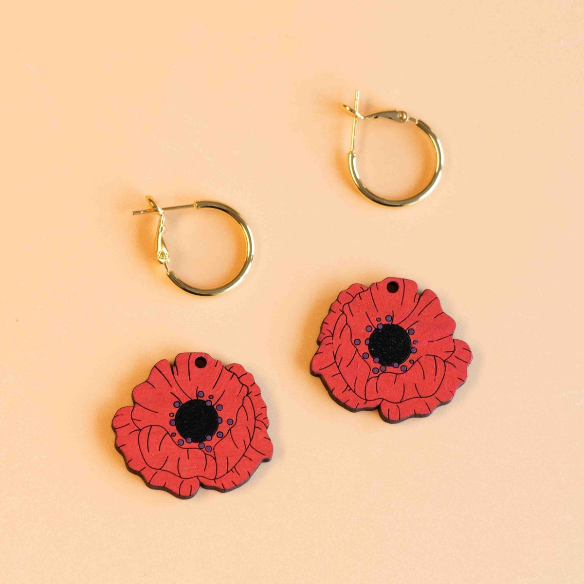 Robin Valley Poppy Flower Hoop Earrings - Wooden Jewellery Gift