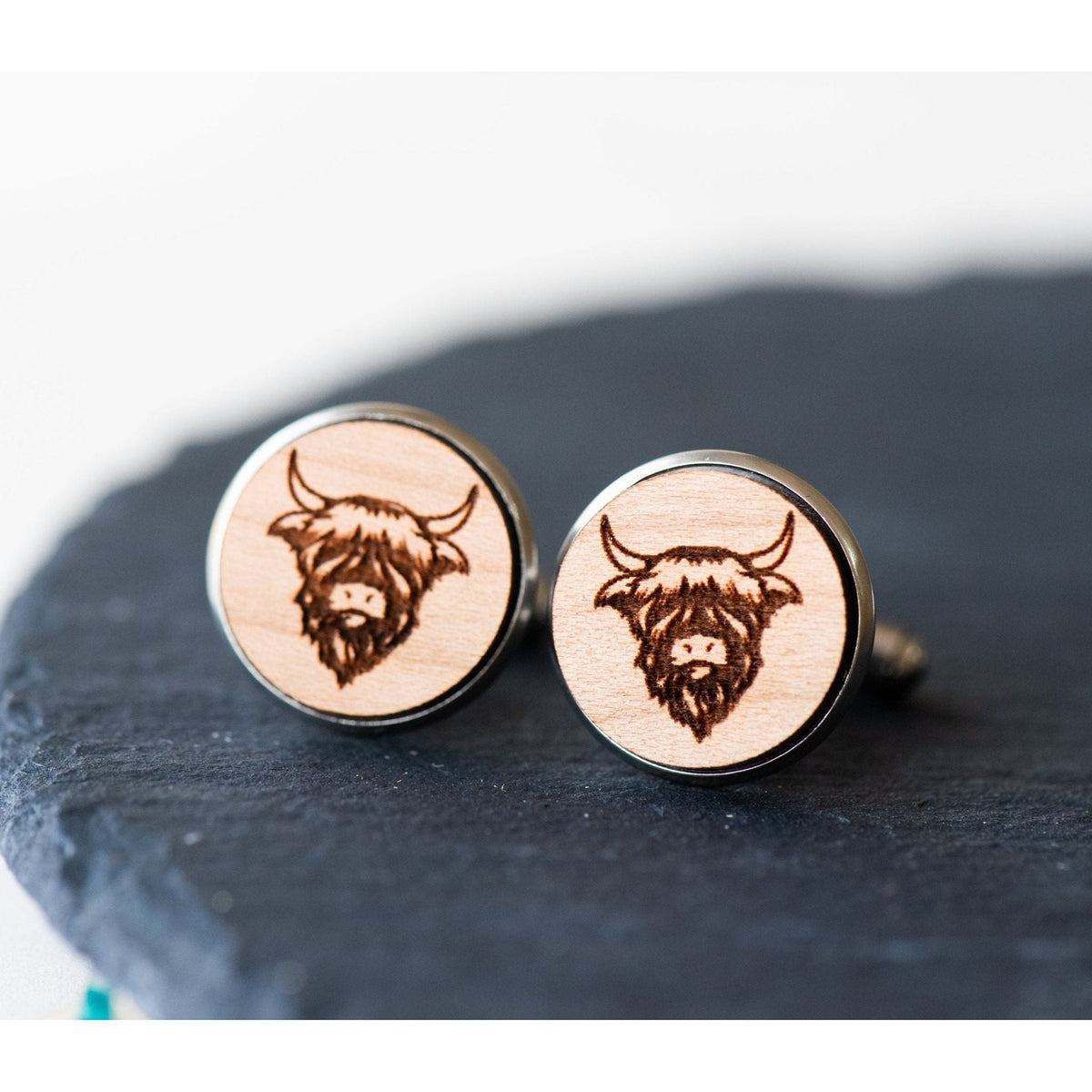 Robin Valley Highland Cow Cufflinks - Wooden Gift for Him