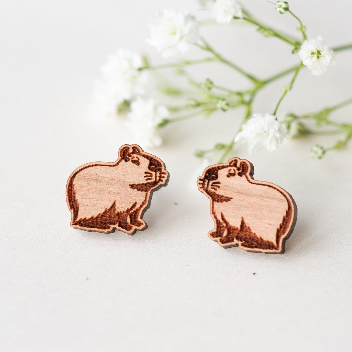 Robin Valley Capybara Stud Earrings - Wooden Jewellery Gift