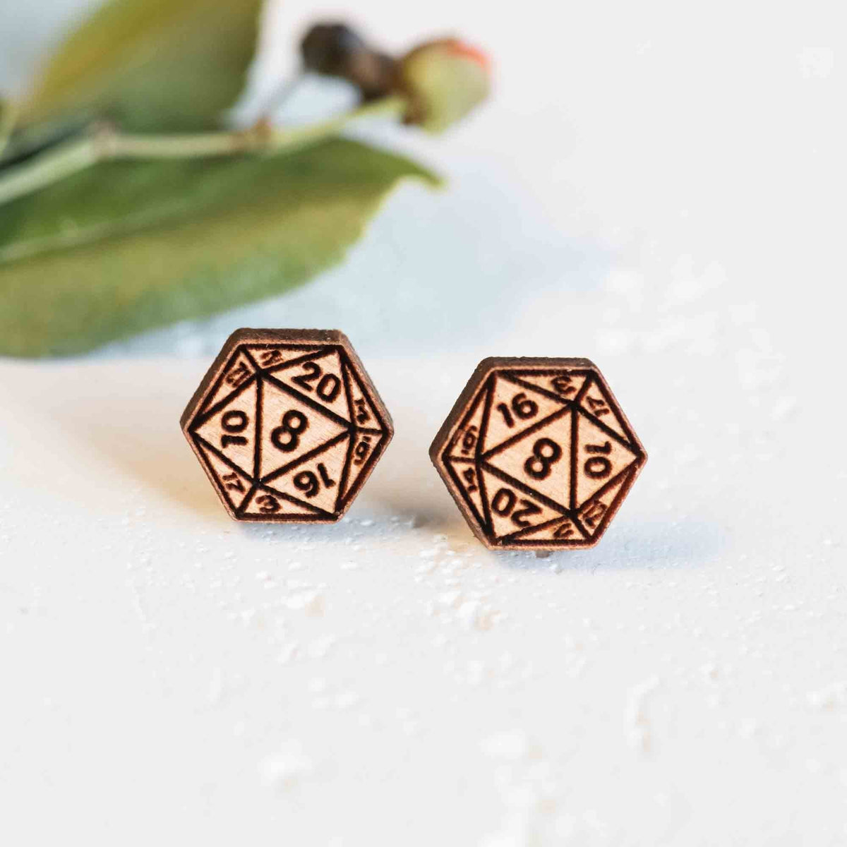 Robin Valley D20 Dice Stud Earrings - Wooden Jewellery Gift