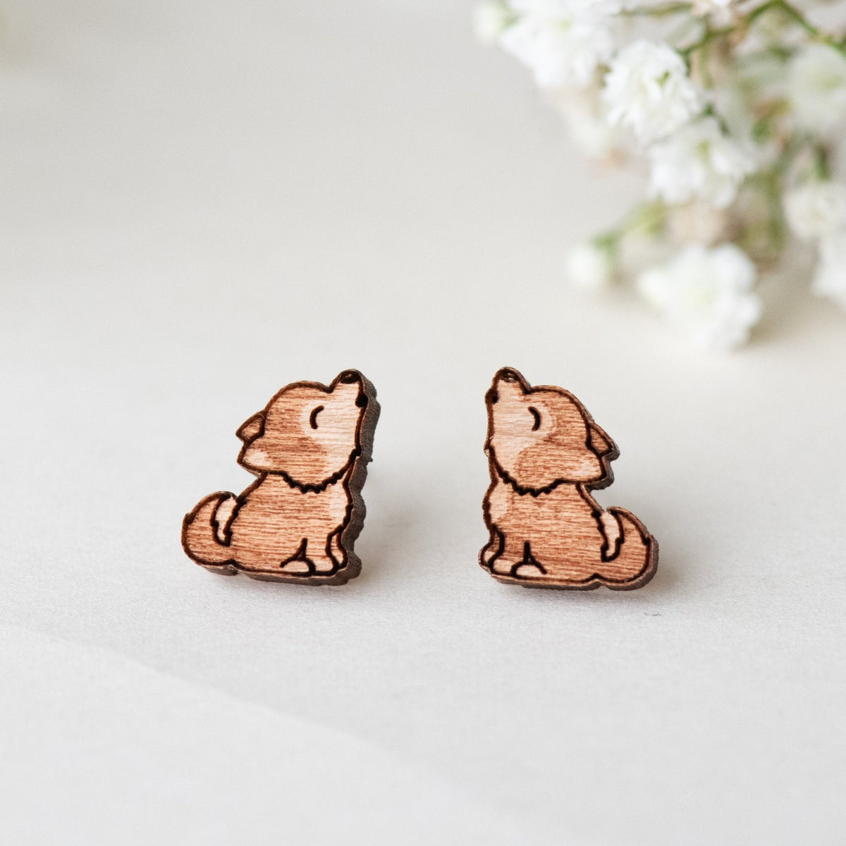 Robin Valley Howling Baby Wolf Stud Earrings - Wooden Jewellery Gift