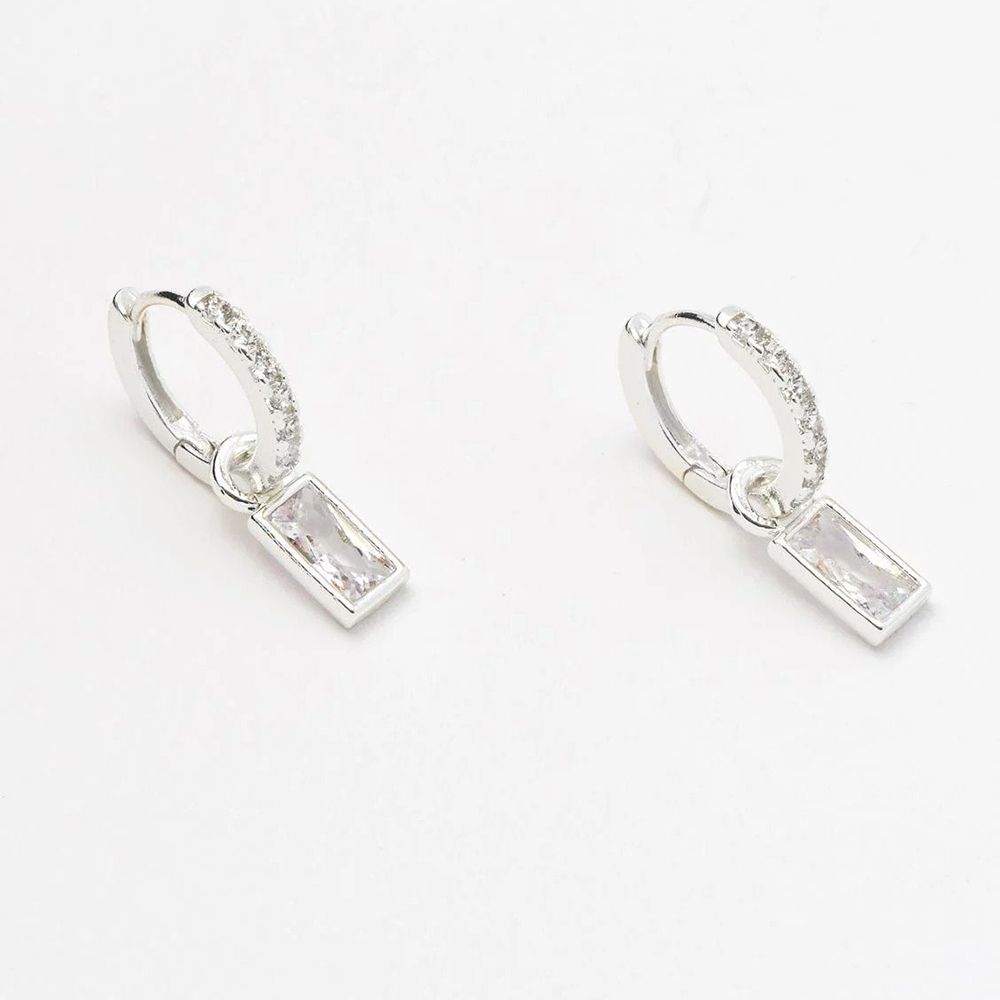 Earrings Baguette Drop Silver Plated Hoop