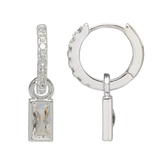 Earrings Baguette Drop Silver Plated Hoop