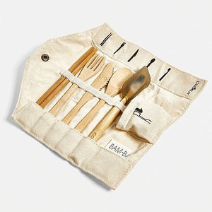 Cutlery eating set portable on the go with fold out roll case in bamboo