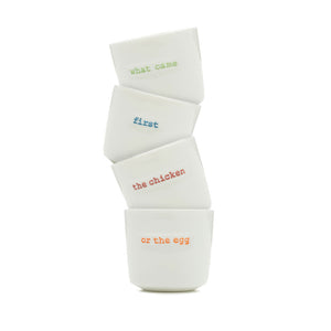 Set of 4 Egg Cups Keith Brymer Jones Ceramic 'what came first the chicken or the egg'
