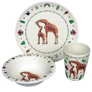 Plate Bowl Tumbler Set Hungry Giraffe in White Green Orange