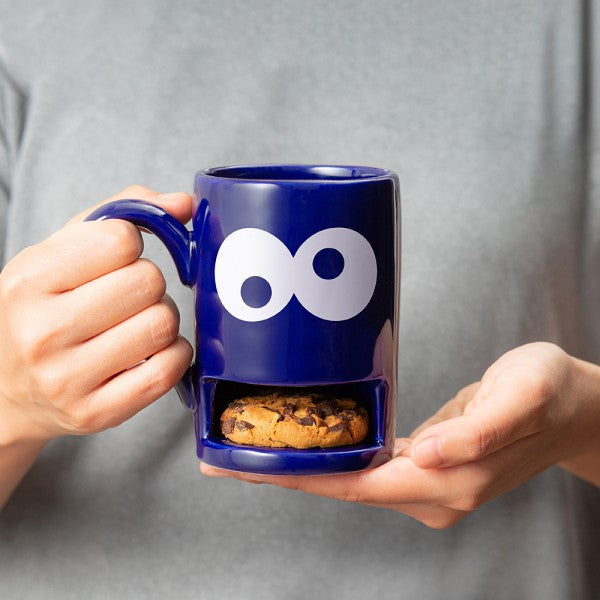 Mug with biscuit holder slot monster cookie in blue