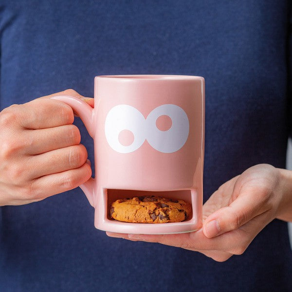 Mug with biscuit holder slot monster cookie in pink