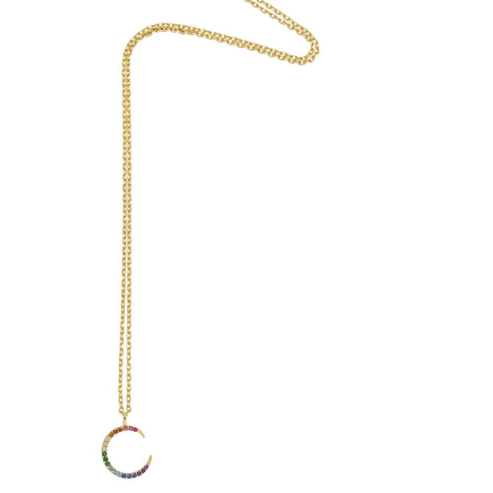 Necklace Rainbow Moon CZ Multi Coloured Gold Plated