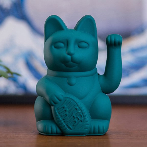 Lucky Cat Waving Arm 'Maneki-Neko' Good Fortune Turquoise Green