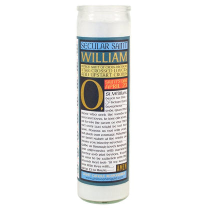 Tall votive candle with secular Saint 'William Shakespeare'