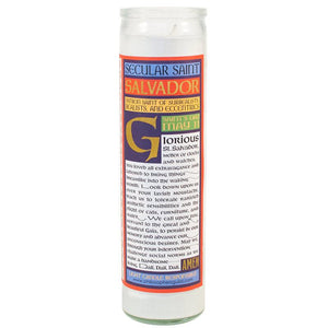 Tall votive candle with secular Saint 'Salvador Dali'