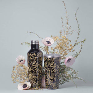 Corkcicle 16oz thermal tumbler for hot and cold drinks in Queen Anne black and gold floral print
