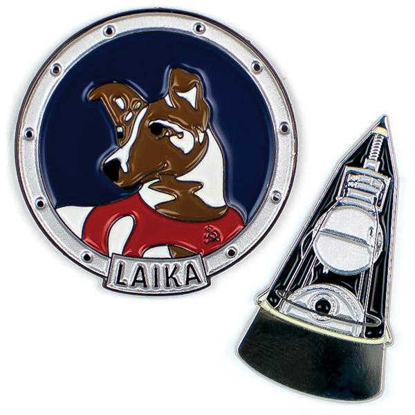 Enamel Pin Badge set of two with Laika space dog and Sputnik 2 satellite