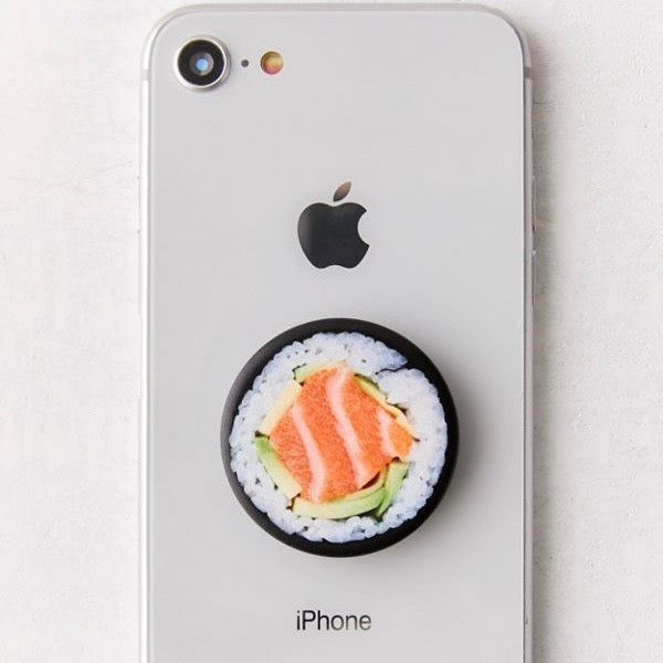 Mobile accessory expanding hand-grip and stand Popsocket in sushi salmon roll