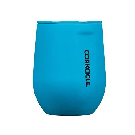 Corkcicle 12oz stemless thermal cup for hot and cold drinks in neon blue
