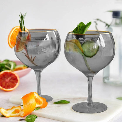 Gin Balloon Glass Black-Tint Gold Rim 2 Pack