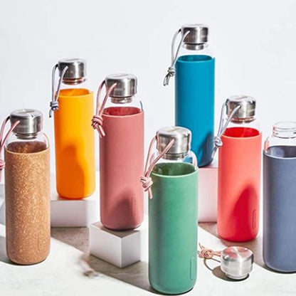 Water Bottle Glass Leak Proof Lightweight with Brown Protective Sleeve 600ml