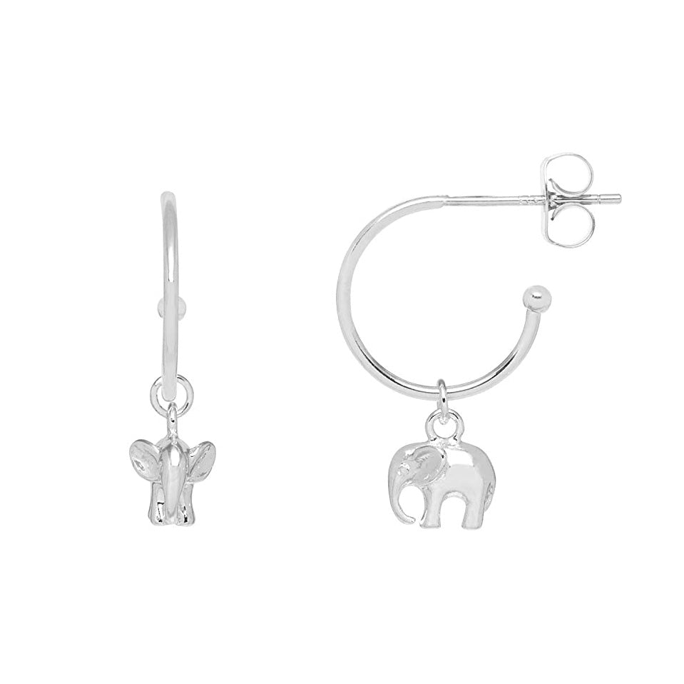 Earrings Elephant Drop Hoop - Silver Plated
