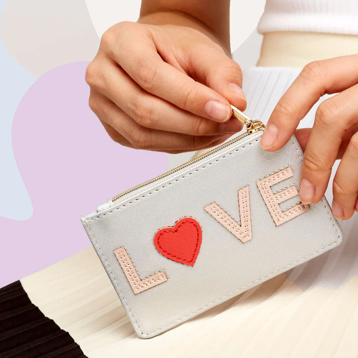 Card Holder Purse 'LOVE' Iridescent Silver Faux Leather Estella Bartlett