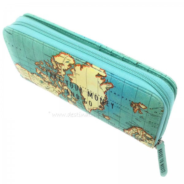 Wallet with Vintage Map Design Blue Faux Leather