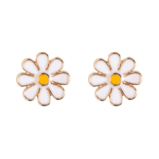 Daisy Stud Earrings White Enamel Gold Plated